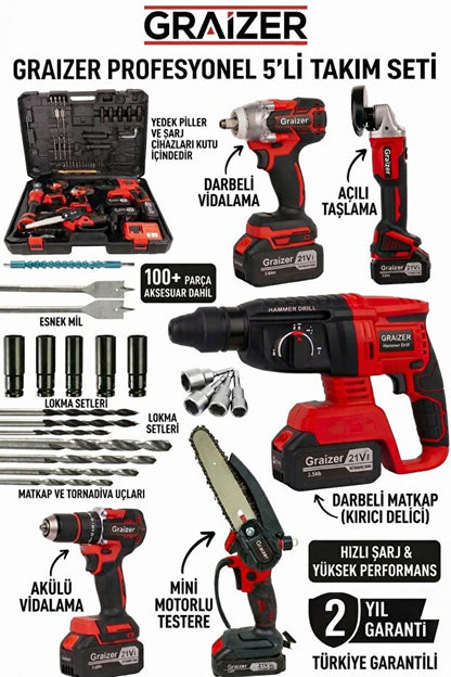 Graizer Profesyonel 5'li Takım Seti - Kırıcı Delici, Taşlama, Matkap, Testere