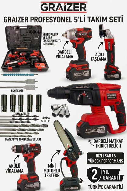 Graizer Profesyonel 5'li Takım Seti - Kırıcı Delici, Taşlama, Matkap, Testere